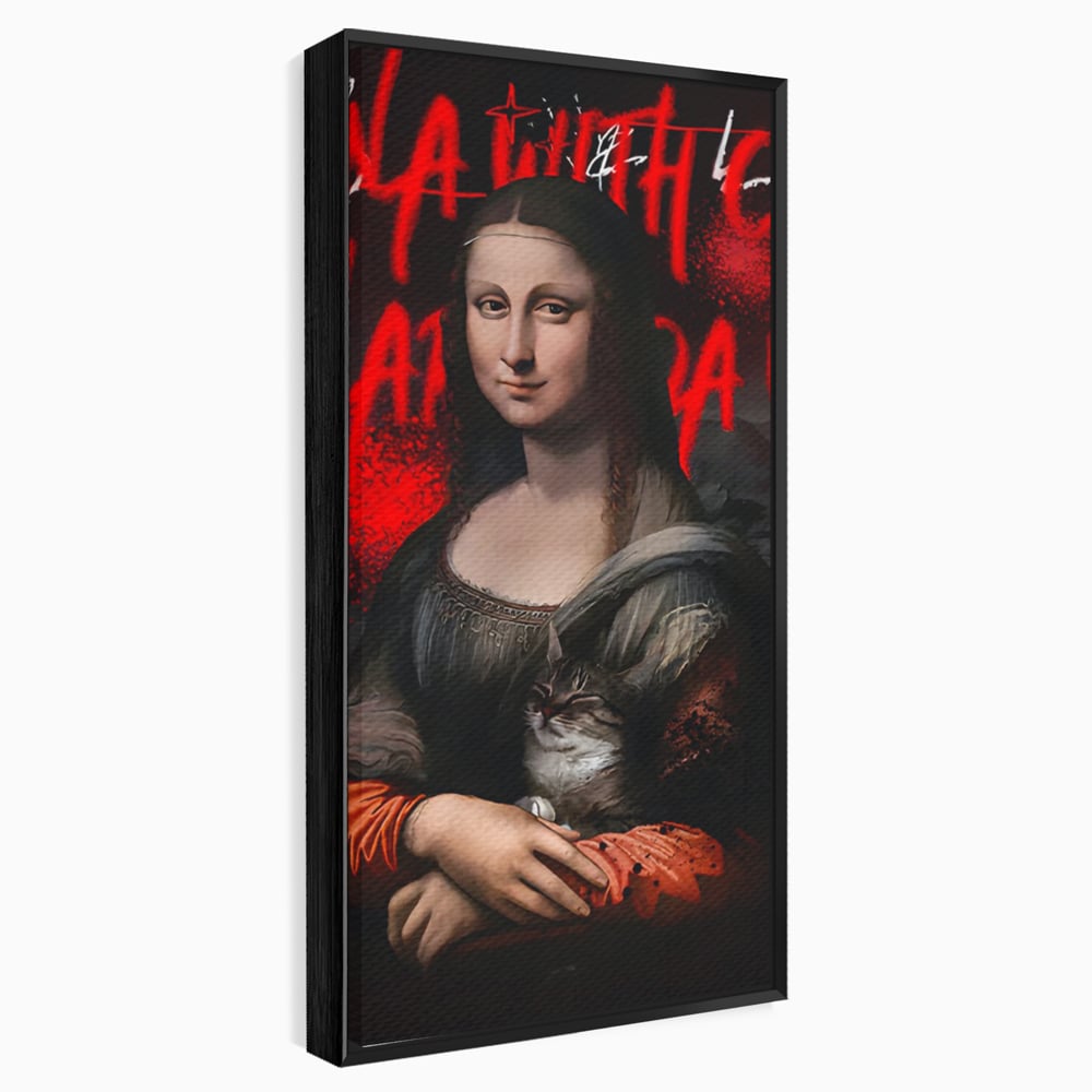 Tablou canvas cu tablou canvas cu mona lisa si o pisica, in rama de aluminiu negru